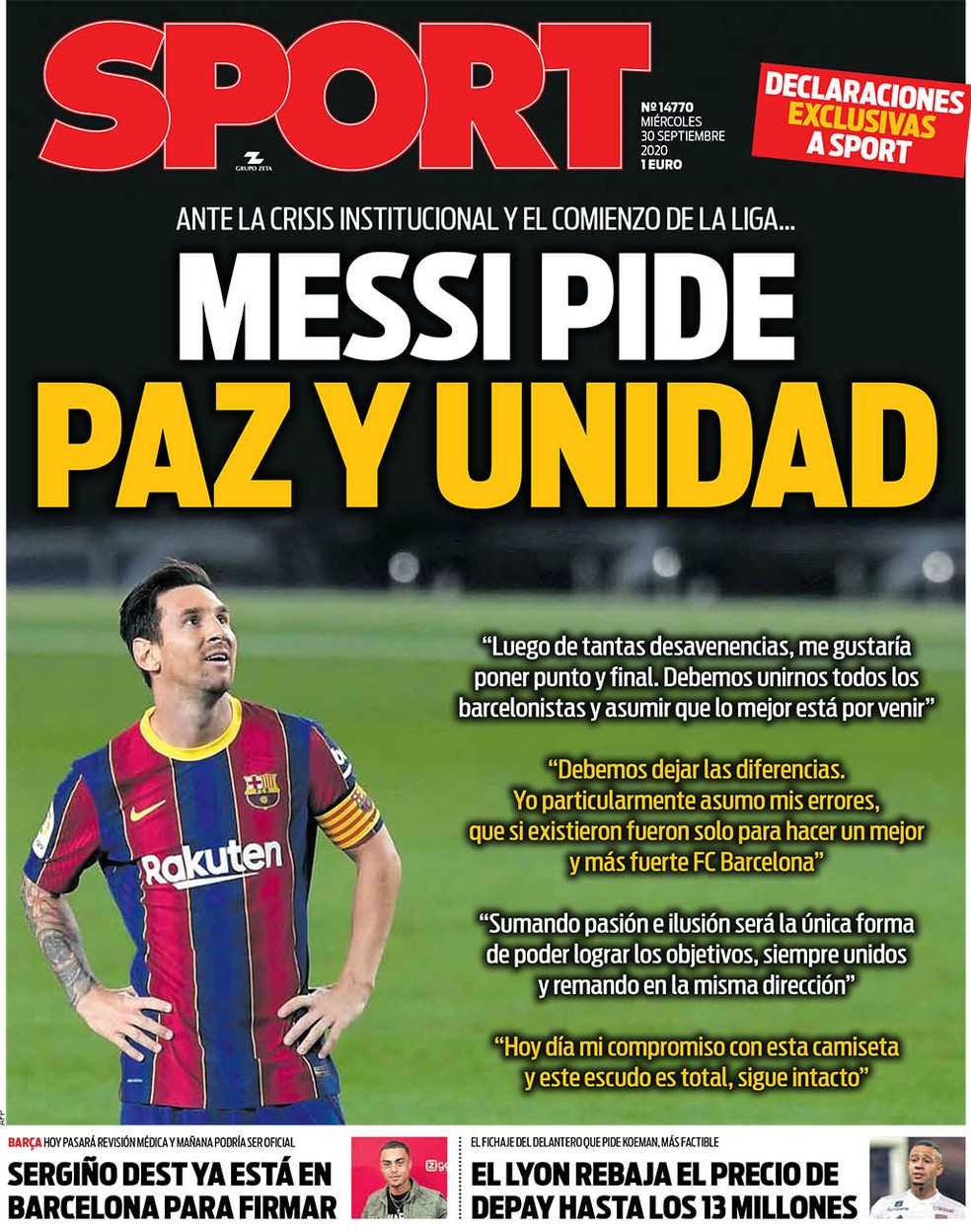 "Messi pede paz e unidade", estampa o jornal "Sport" em sua capa — Foto: Reprodução/Sport