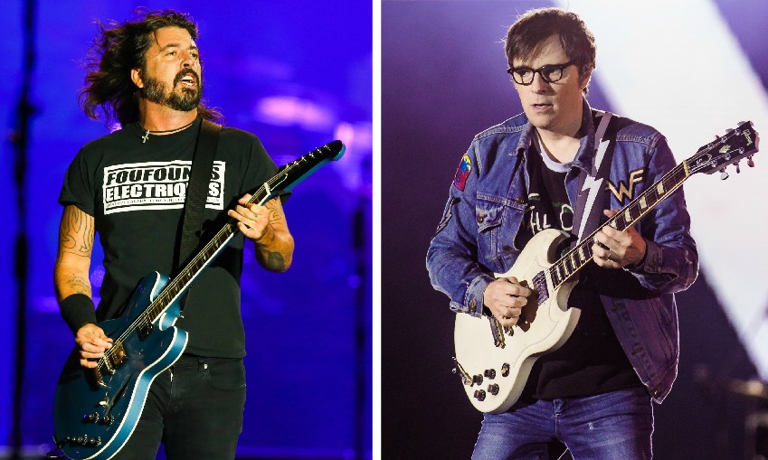 Dave Grohl no show do Foo Fighters no Rock in Rio 2019 e o Rivers Cuomo no show do Weezer no mesmo evento (Foto: Getty Images)