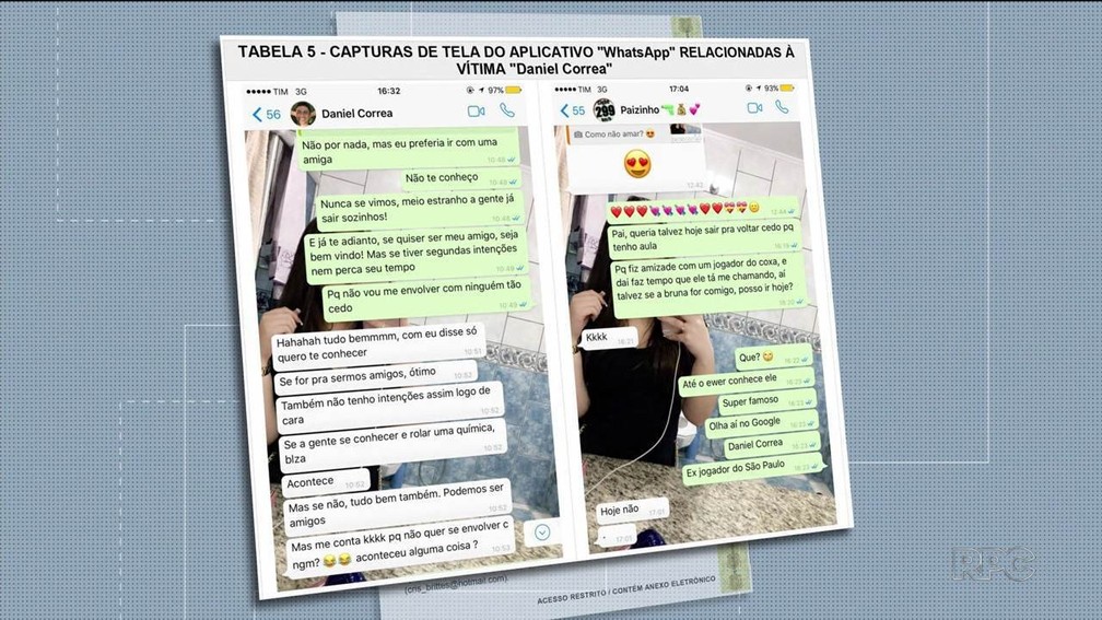 Capturas de tela mostram conversas de Allana Brittes sobre o jogador Daniel — Foto: RPC/Reprodução