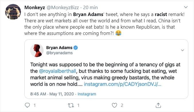 Comentários sobre post polêmico de Bryan Adams em relação à pandemia de coronavírus (Foto: Twitter)