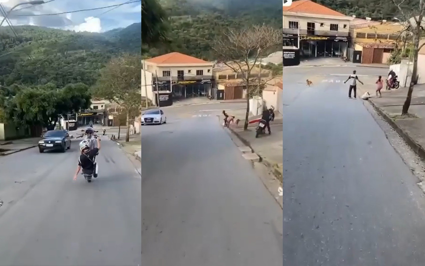 Motociclista empina a moto, invade calçada e quase atinge pedestres e cachorro em Poços de Caldas; VÍDEO