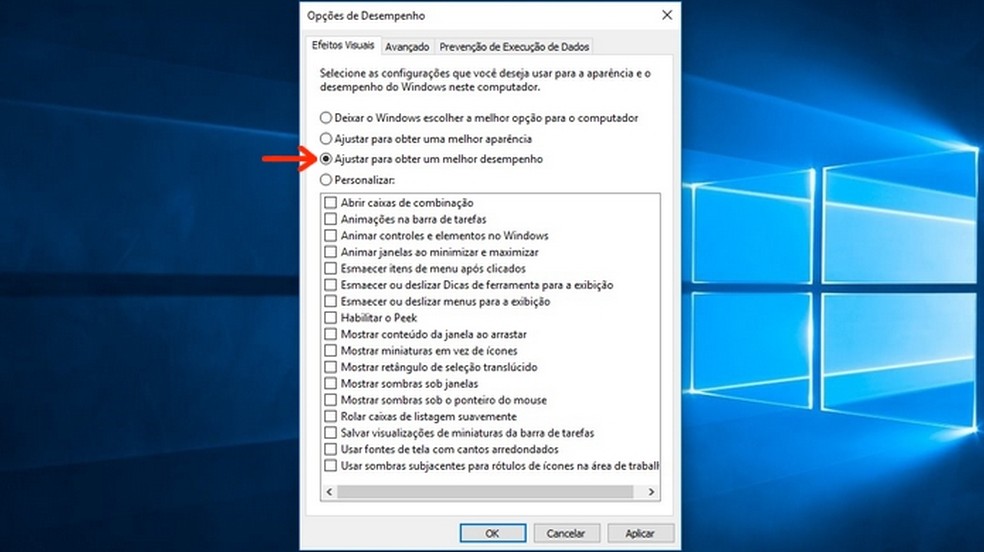 Ajuste de efeitos visuais para melhor desempenho do Windows 10 (Foto: Reprodução/Raquel Freire)