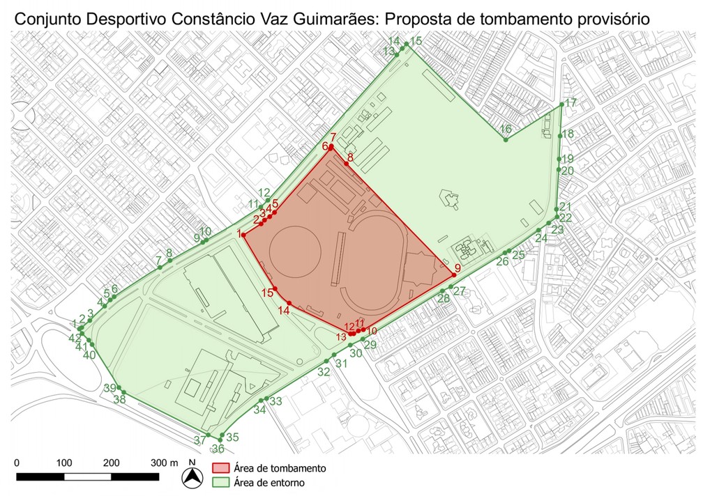 Mapa provisório de tombamento incluído no processo de análise do Iphan sobre o Complexo Esportivo do Ibirapuera, na Zona Sul de São Paulo. — Foto: Reprodução