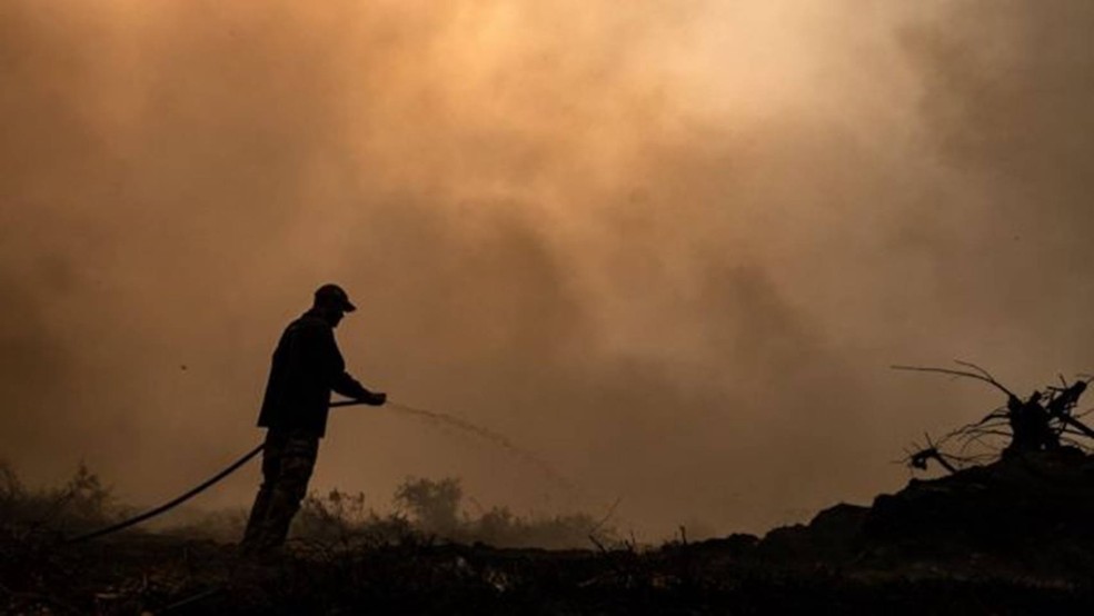 Brigadistas atuam no combate ao fogo no Pantanal — Foto: Ahmad Jarrah/A Lente via BBC