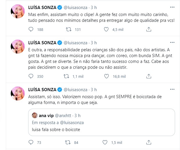 Luísa Sonza fala sobre boicote a seu clipe com Pedro Sampaio (Foto: Reprodução Twitter)