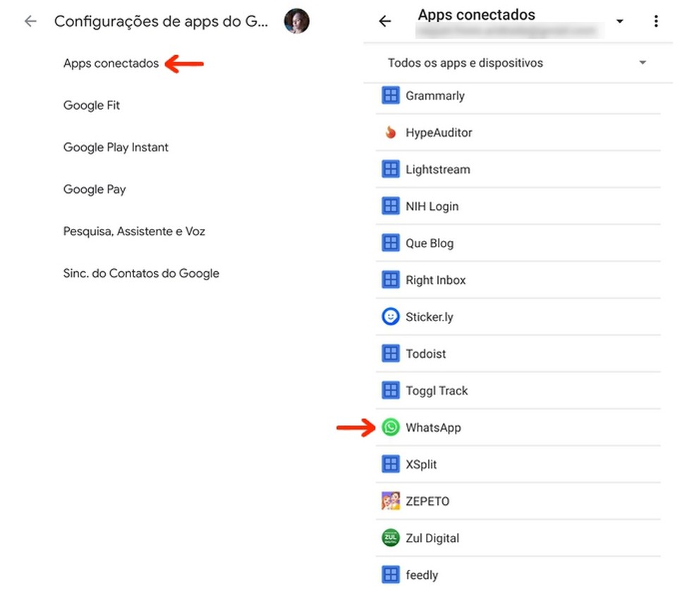 Lista de apps conectados à conta Google nas configurações do Android  — Foto: Reprodução/Raquel Freire