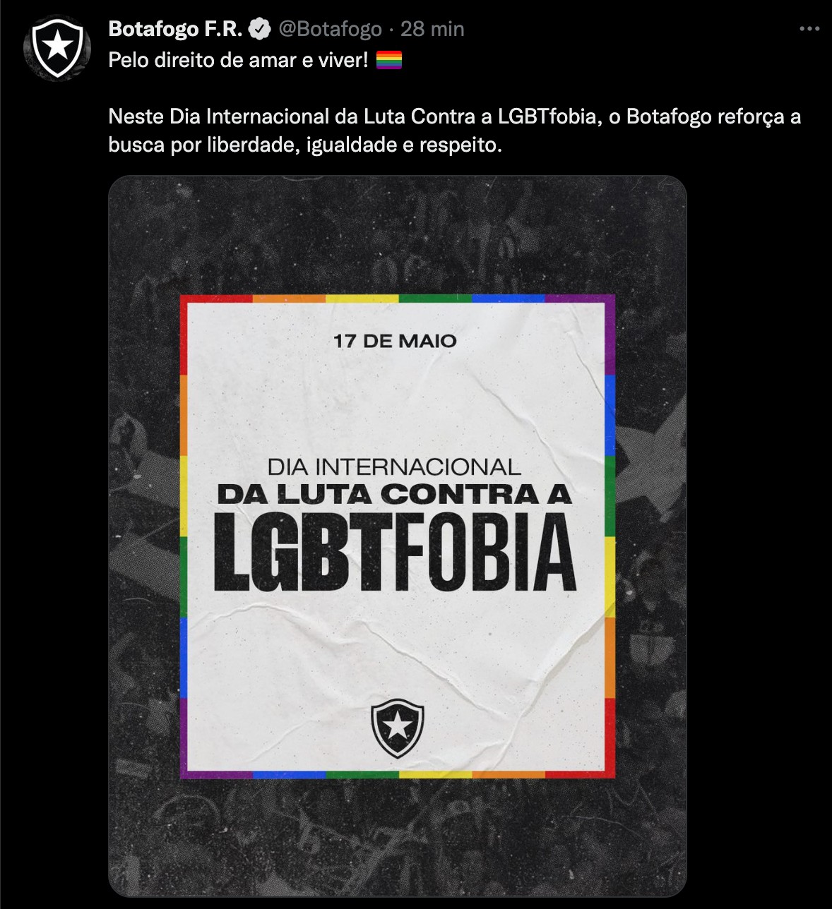 Botafogo se manifestou no Dia Internacional contra a Homofobia, Transfobia e Bifobia (Foto: Reprodução / Twitter)