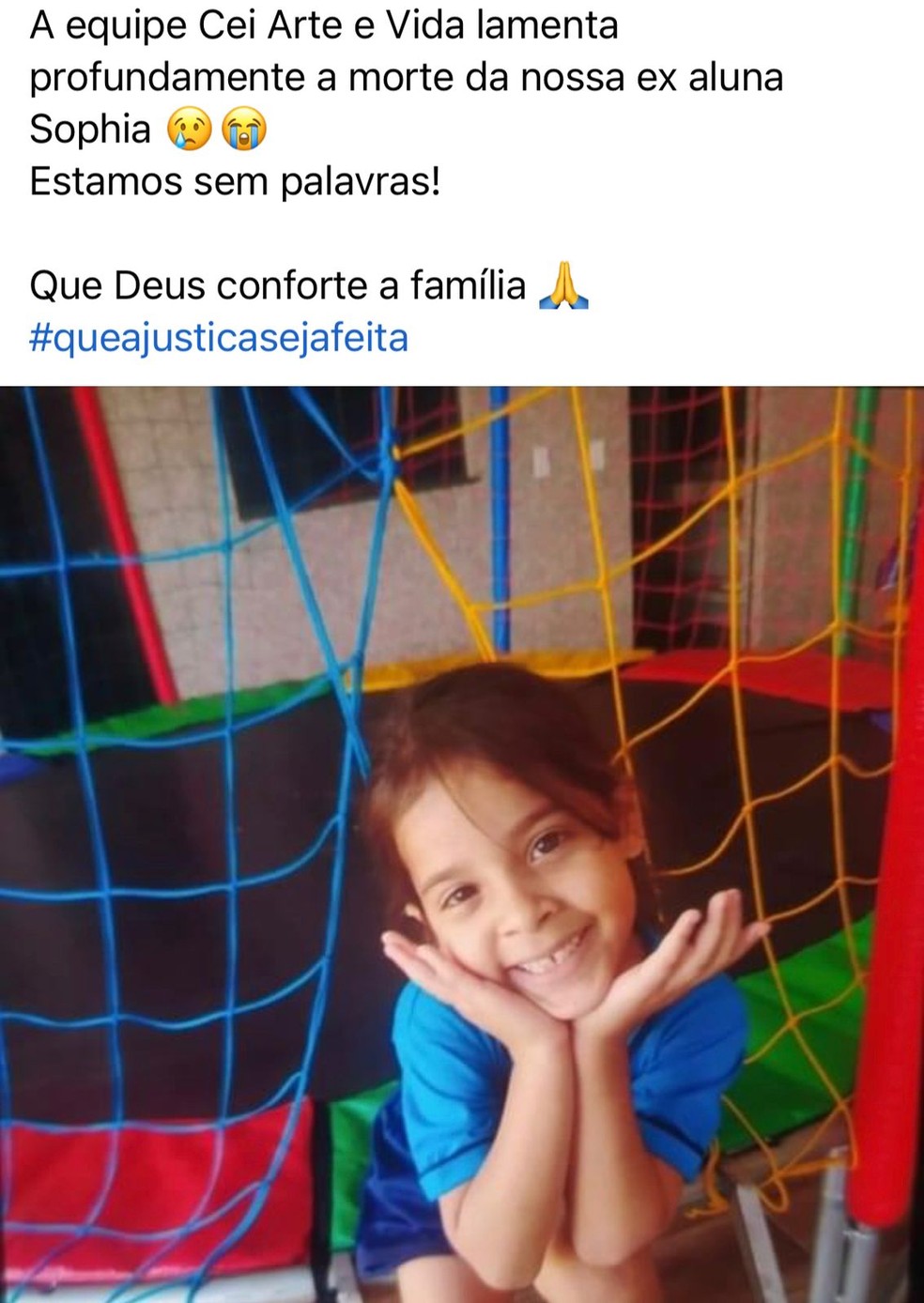 Escola lamentou a morte da menina nas redes sociais.  — Foto: Redes sociais/Reprodução