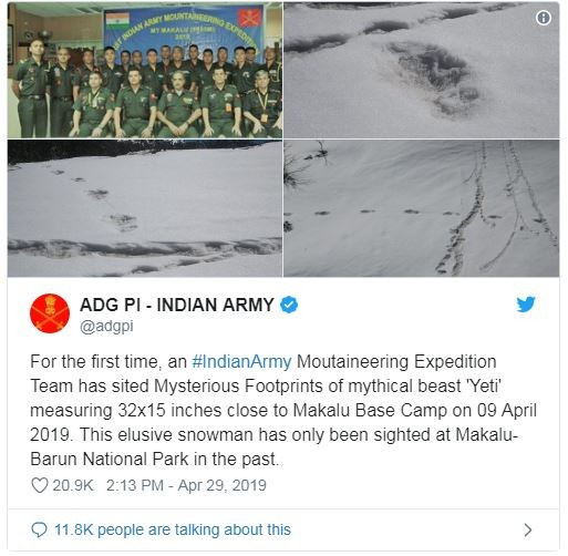 Exército da índia publica no Twitter fotos que seriam de pegadas do Yeti, criatura mitológica conhecida como 