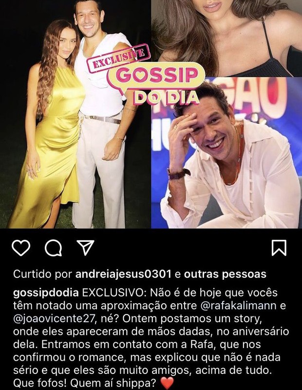 Post do Gossip do Dia afirmando que a própria Rafa Kalimann confirmou o romance para eles (Foto: Reprodução/ Instagram)