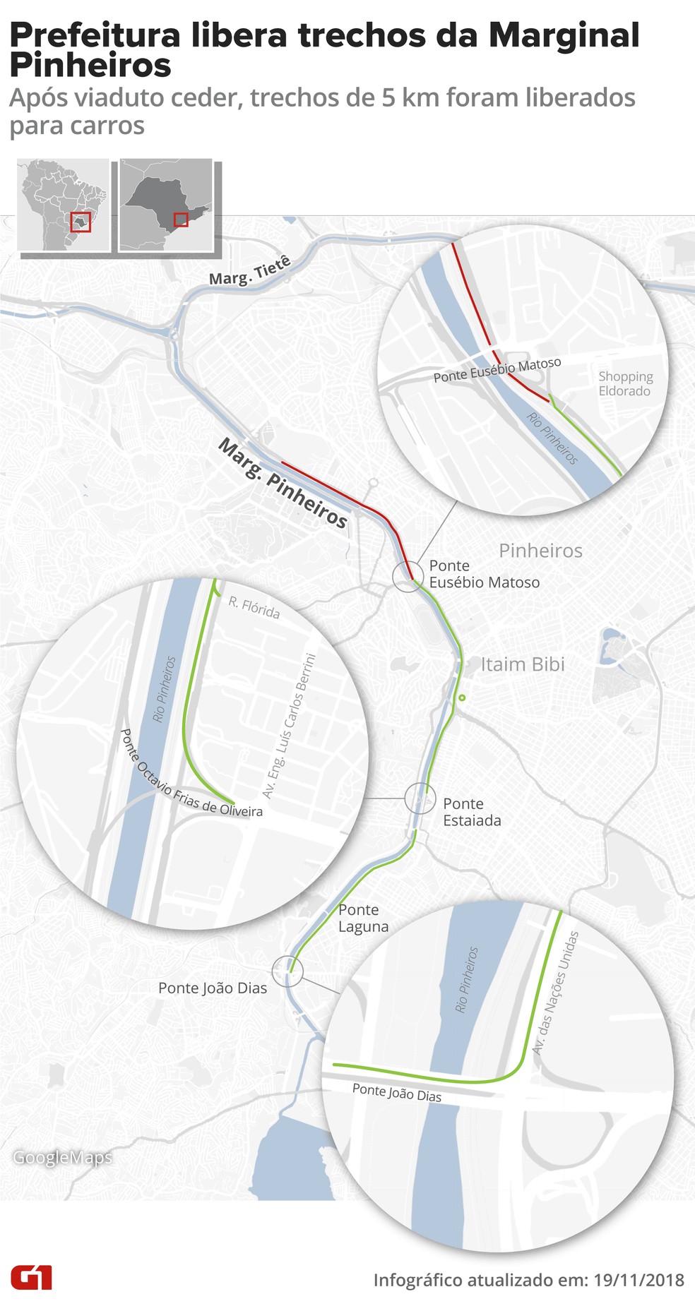 Trechos que foram liberados na pista expressa da Marginal Pinheiros â€” Foto: Arte/G1