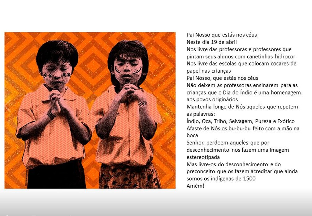 Poema do indígena Denilson Baniwa sobre o Dia do índio nas escolas — Foto: Reprodução/Facebook