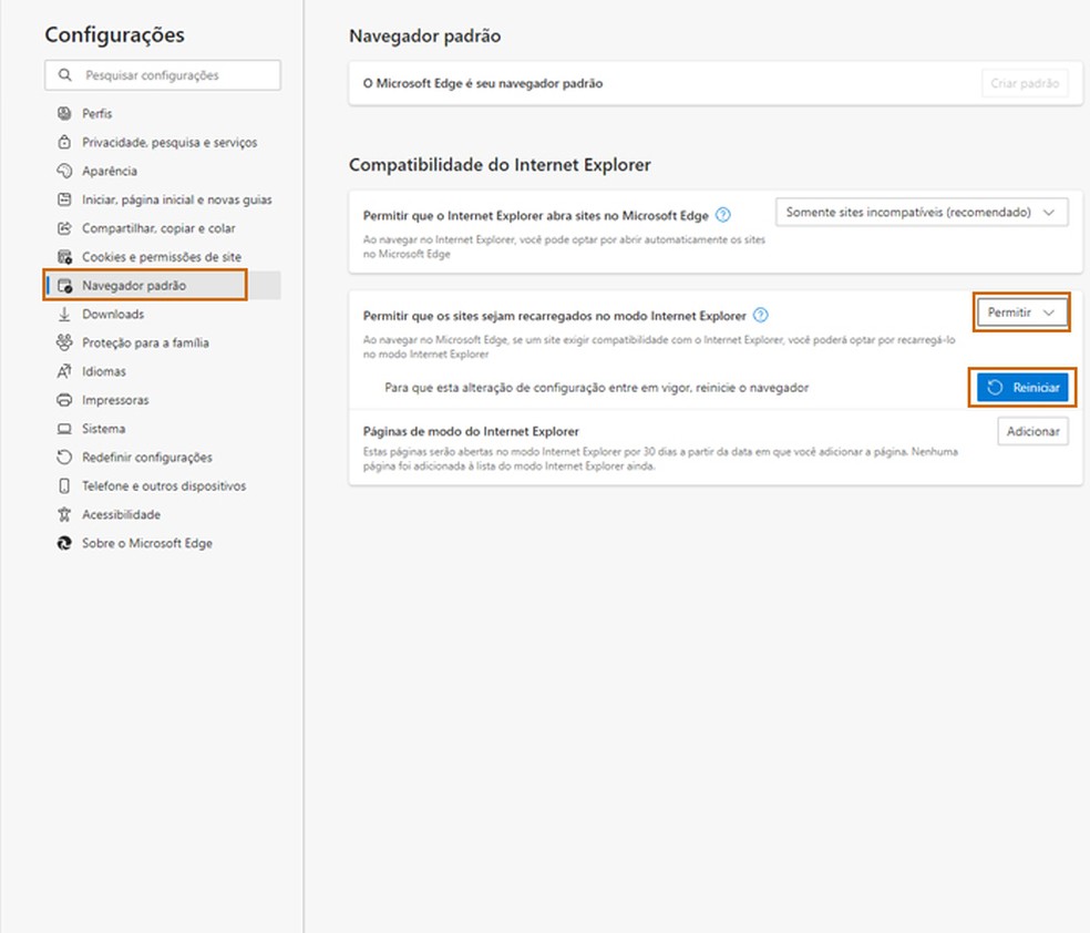 Permitindo a abertura de sites com compatibilidade do Internet Explorer no Microsoft Edge — Foto: Reprodução/Barbara Mannara
