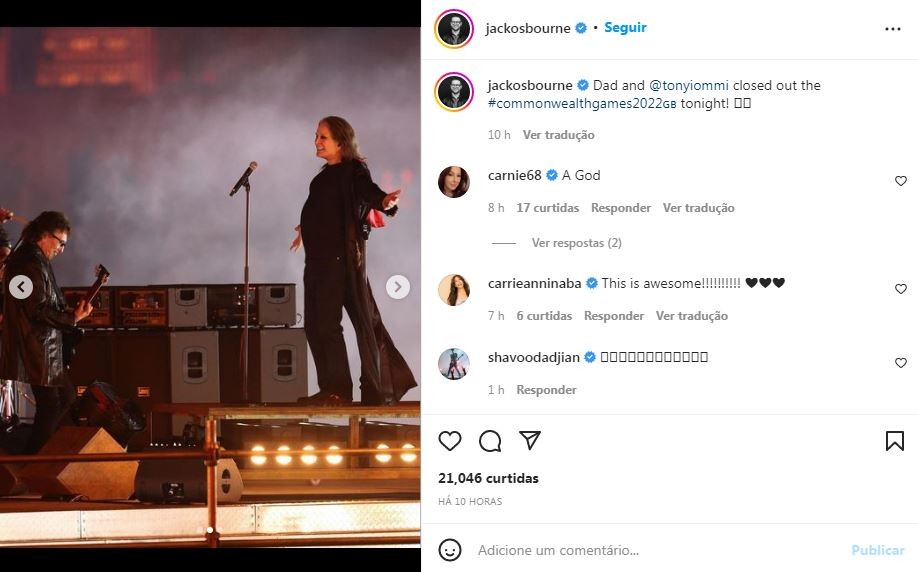 Jack Osbourne registrou o momento em que Ozzy Osbourne e Tony Iommi se apresentaram juntos (Foto: Reprodução / Instagram)