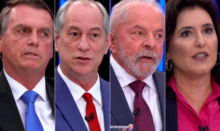 Jair Bolsonaro (PL), Ciro Gomes (PDT), Lula (PT) e Simone Tebet (MDB) durante suas participações no Jornal Nacional
