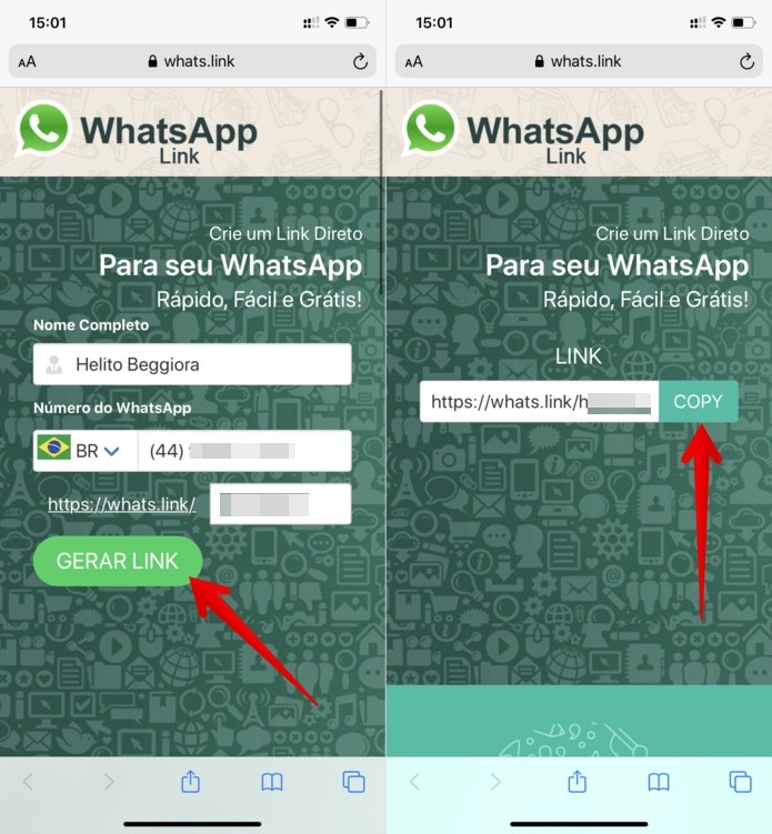 Criando link curto para número no WhatsApp — Foto: Reprodução/Helito Beggiora