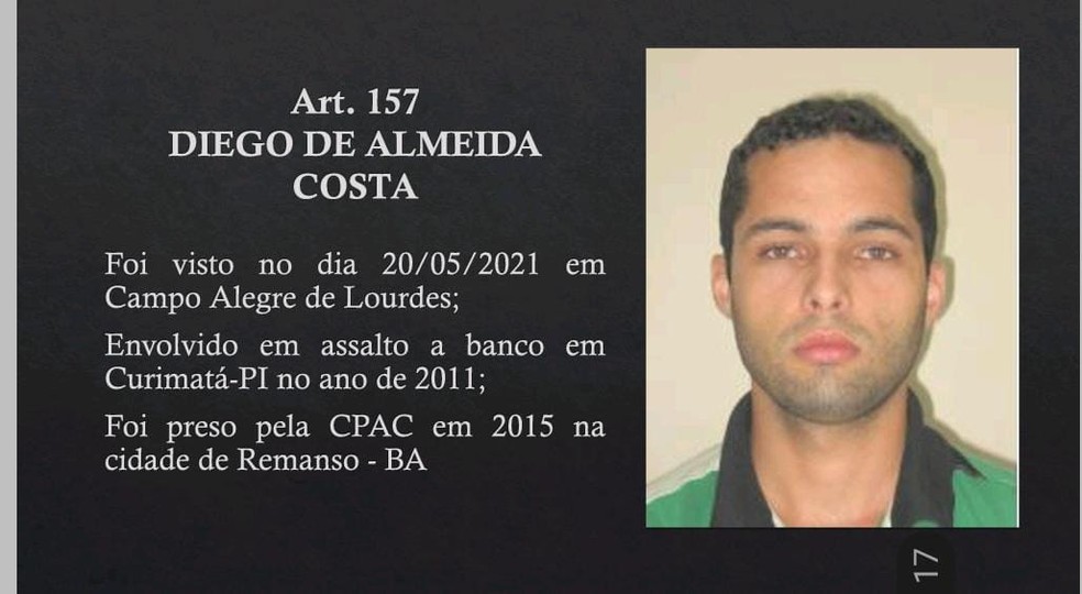 Ficha divulgada pela polícia mostra que Diego tinha antecedentes criminais em outros estados — Foto: Divulgação