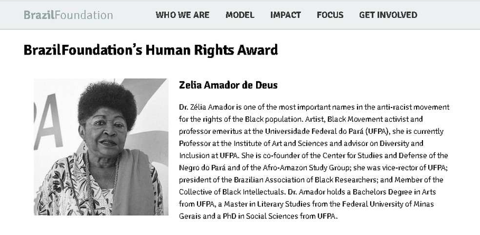 Zélia Amador de Deus é um dos mais relevantes nomes da resistência negra do Brasil — Foto: Reprodução/BrazilFoundation