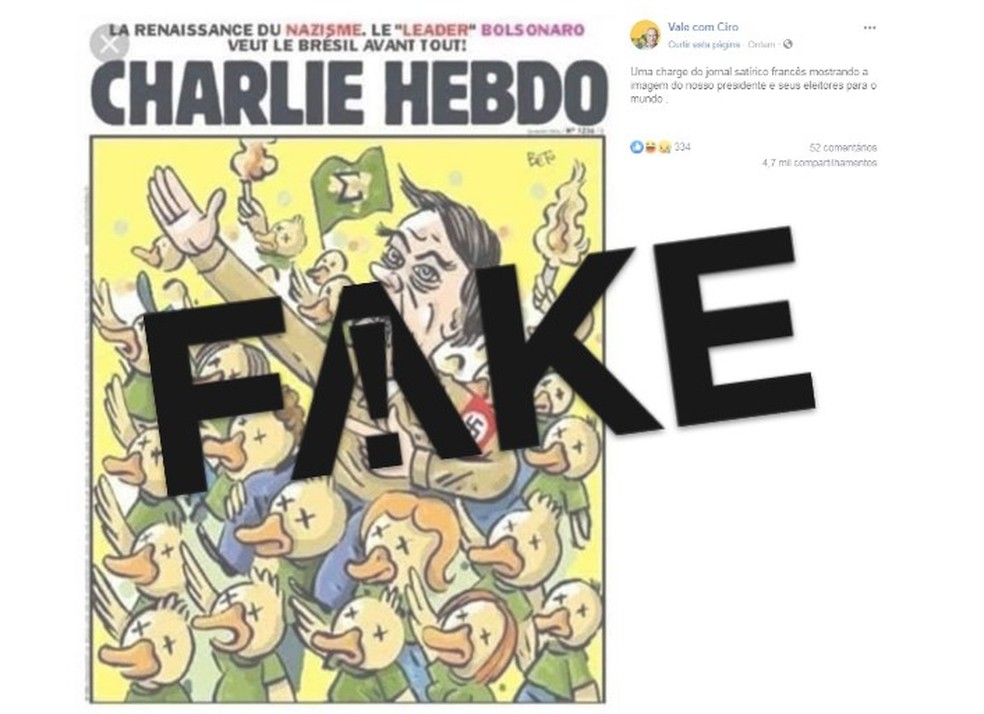 Capa do Charlie Hebdo com sátira a Jair Bolsonaro é falsa — Foto: Reprodução/Facebook