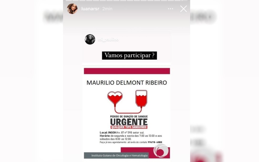 Post no Instagram pede doação de sangue para cantor Maurílio — Foto: Reprodução/Instagram