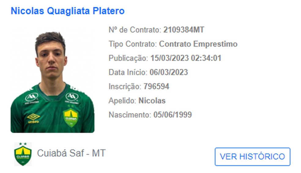 Nicolás Quagliata é regularizado no Cuiabá — Foto: Reprodução