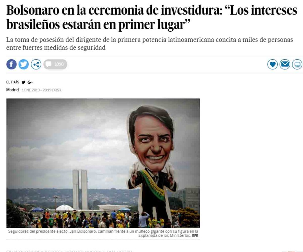'El País' destacou trecho do 1º discurso de Bolsonaro no título: 'Interesses dos brasileiros estarão em primeiro lugar' — Foto: Reprodução/El País