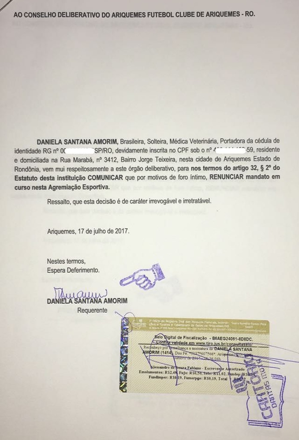 Ex-presidente do Ariquemes diz que registrou em cartÃÂÂÂÃÂÂ³rio a renÃÂÂÂÃÂÂºncia em julho (Foto: Daniela Amorim/ arquivo pessoal)