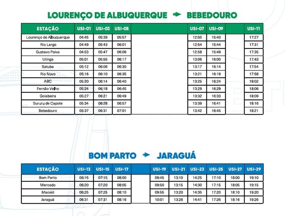 Horários de trens e VLTs partindo de Lourenço de Albuquerque e do Bom Parto, de segunda a sexta — Foto: Reprodução