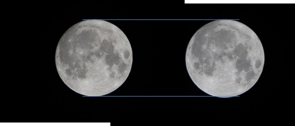 Qual dessas vistas da Lua é uma superlua? Resposta: ambas! Esta comparação data de 13 a 14 de novembro de 2016. À esquerda, a Lua estava mais próxima do horizonte e à direita, a Lua estava muito alta no céu. (Observe a linha azul inferior cortando o pólo sul da Lua na imagem à direita). — Foto: solarsystem.nasa.gov