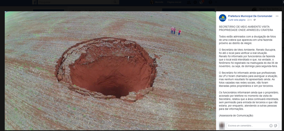 Após cratera aparecer em Coromandel, Prefeitura comentou assunto no Facebook (Foto: Reprodução/Facebook)