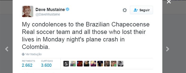 'Minhas condolências ao time brasileiro da Chapecoense e todos que perderam suas vidas no acidente de avião desta segunda à noite na Colômbia', escreveu Dave Mustaine, vocalista e guitarrista do Megadeth (Foto: Reprodução/Twitter/DaveMustaine)