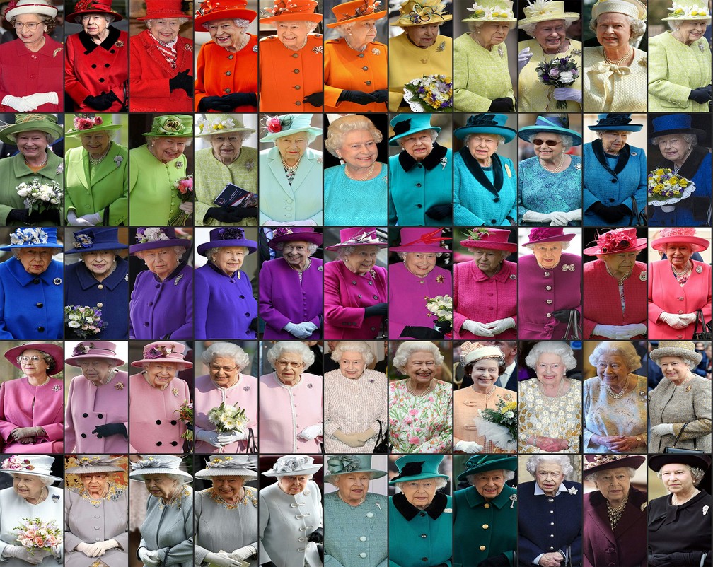 Combinação de fotos criada em 29 de outubro de 2021 mostra as várias roupas coloridas usadas pela rainha Elizabeth II ao longo das décadas — Foto: STF/AFP/Pool