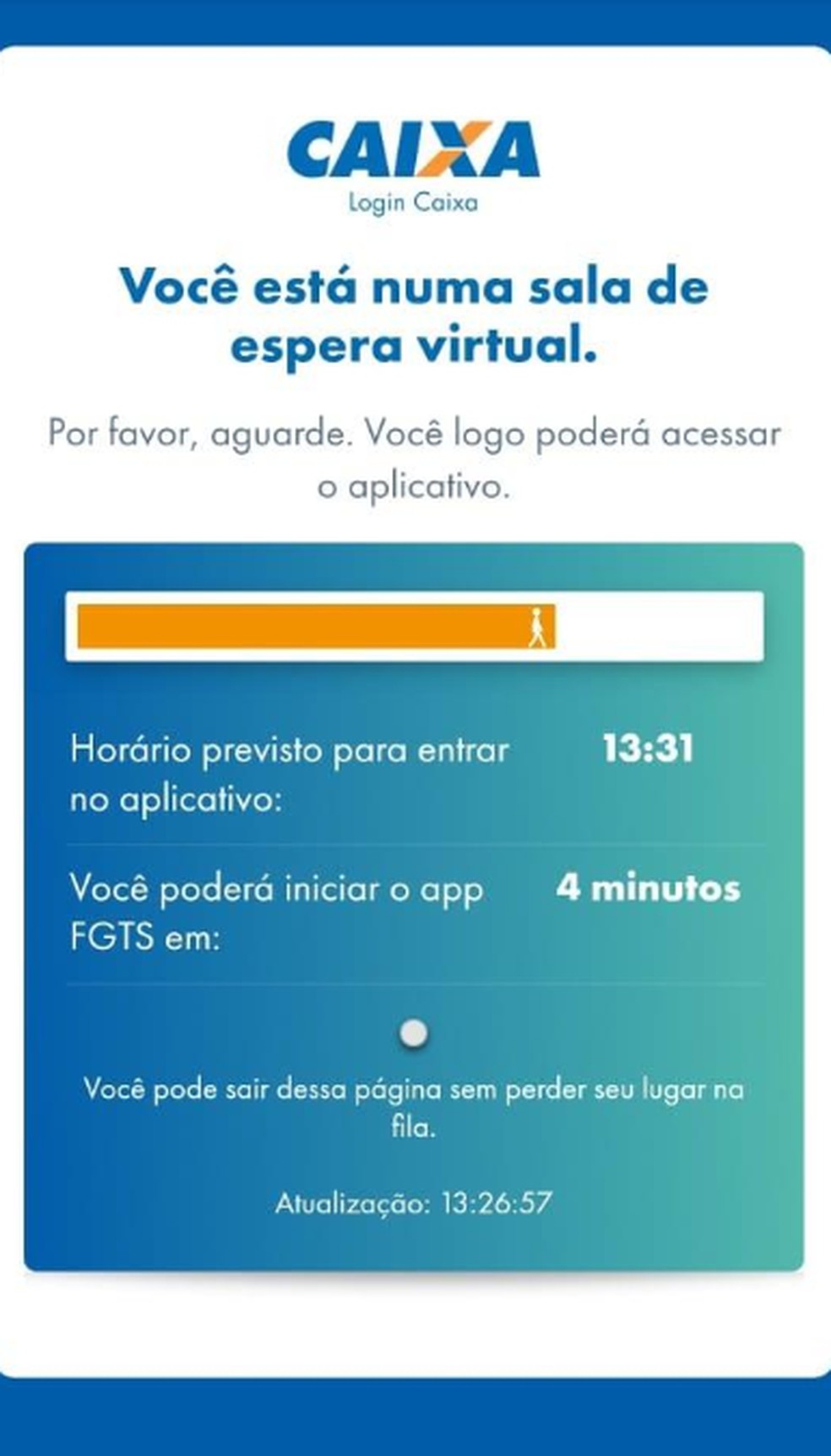 Fila virtual para acessar o app do FGTS da Caixa — Foto: Reprodução