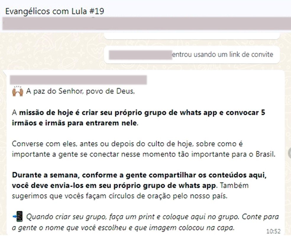 Mensagem de campanha do PT em grupo de Whatsapp de evangÃ©licos prÃ³-Lula â Foto: ReproduÃ§Ã£o