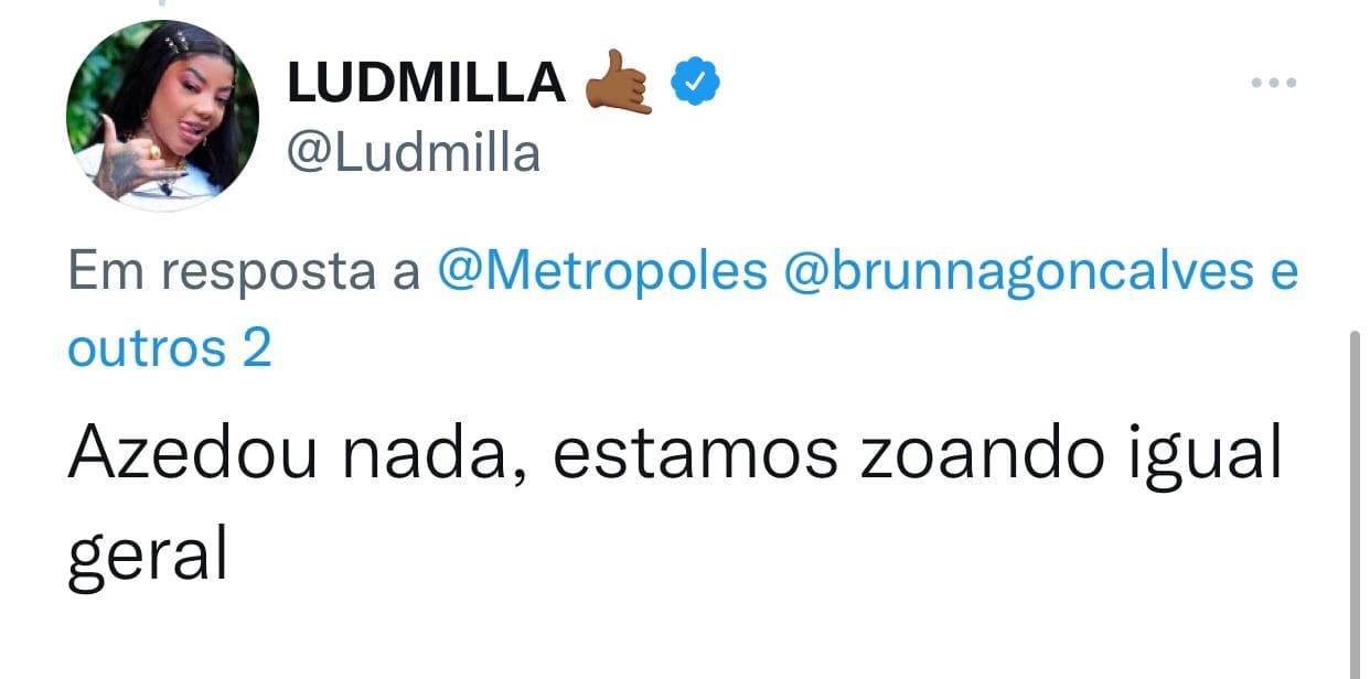 Ludmilla nega 'climão' com Boninho após piada com Brunna no BBB  (Foto: Reprodução / Instagram)