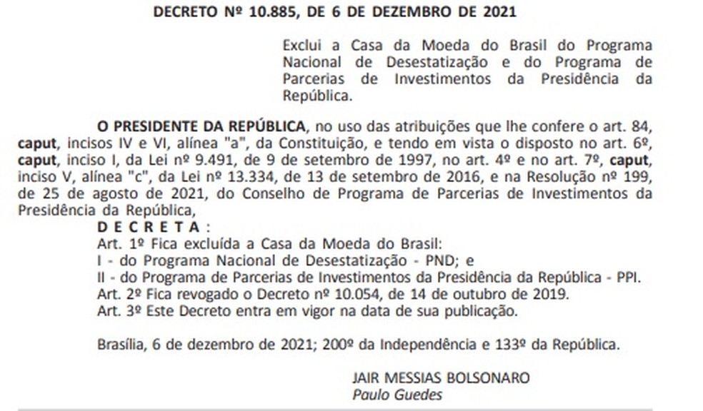 Decreto publicado nesta terça (7) no 'Diário Oficial' exclui a Casa da Moeda do programa de privatizações do governo — Foto: Reprodução