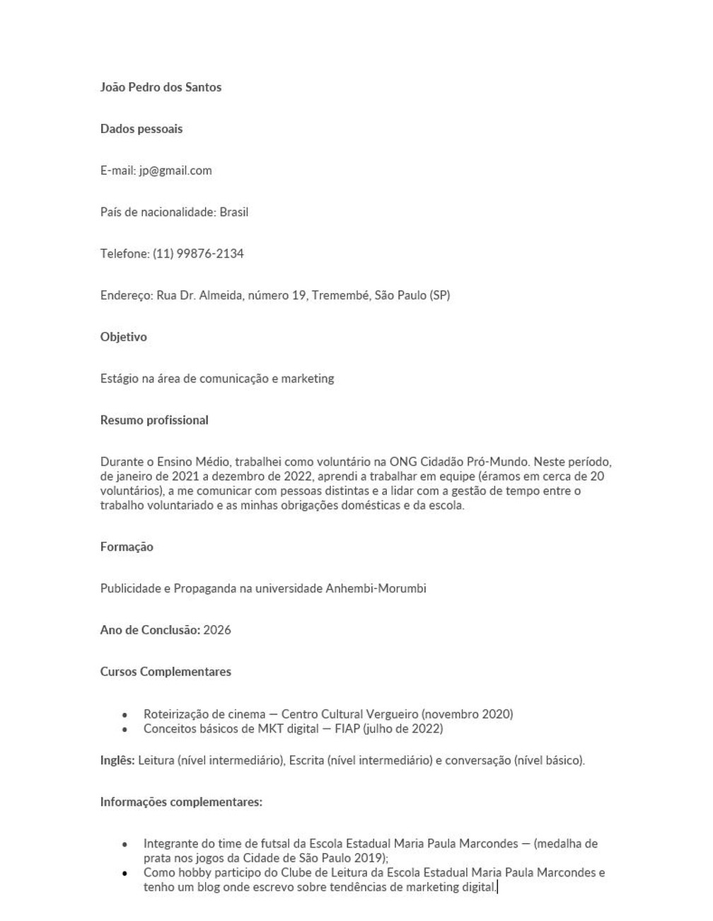 Modelo de currículo para primeiro emprego do Vagas.com — Foto: Divulgação