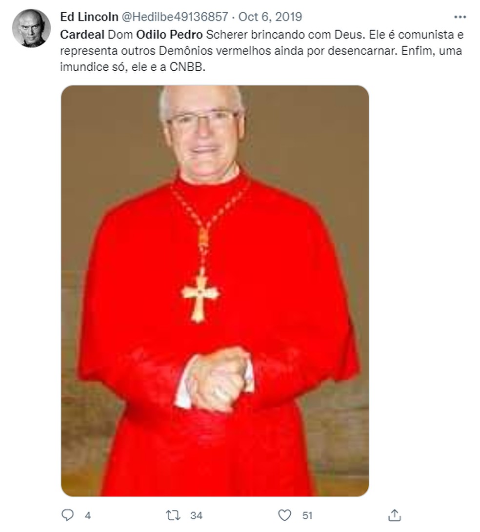 Tweet de 2019 já associava o cardeal ao comunismo — Foto: Reprodução/Redes sociais