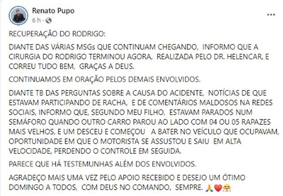 Vereador de São José do Rio Preto (SP), Renato Pupo, fala sobre estado de saúde do filho. — Foto: Rede Social / Reprodução