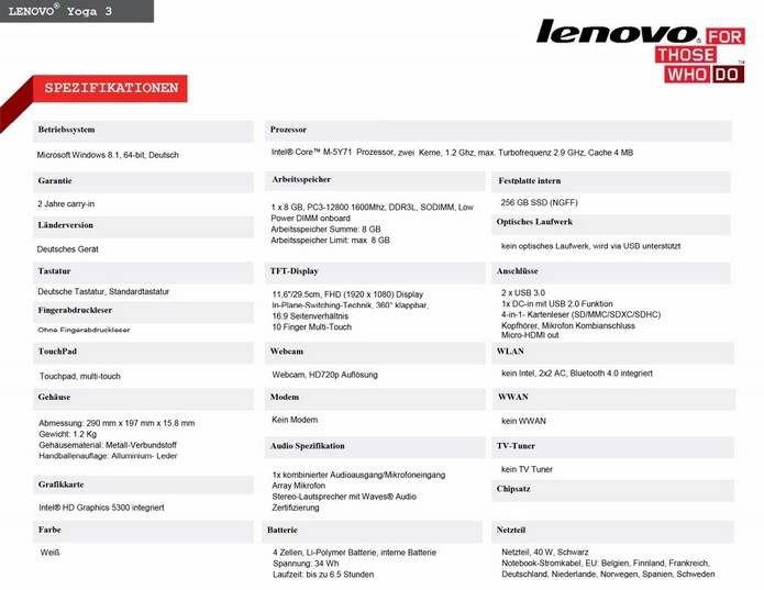 Parte do PDF contendo especificações do Lenovo Yoga 3 11 (Foto: Reprodução/Tab Tec)