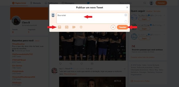 O Twitter permite incluir links, fotos, gifs, vídeos e até mesmo enquetes na postagem (Foto: Reprodução/Clara Barreto) O Twitter permite incluir links, fotos, gifs, vídeos e até mesmo enquetes na postagem (Foto: Reprodução/Clara Barreto)