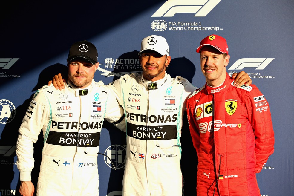 Bottas, Hamilton e Vettel, os três primeiros do grid em Melbourne — Foto: Getty Images