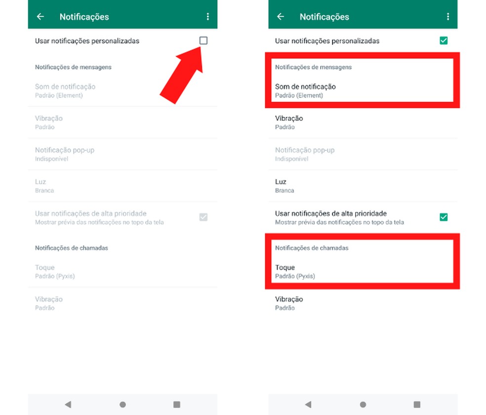 Ativando a opção “Usar notificações personalizadas” para alterar os toques de mensagens ou chamadas — Foto: Reprodução/Mariana Tralback