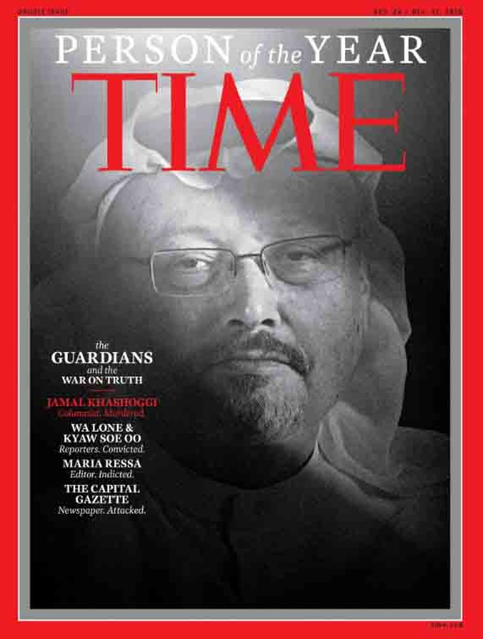 Edição de fim de ano da 'Time' homenageia Jamal Khashoggi e outros jornalistas mortos e presos em 2018 — Foto: Reprodução/Twitter/Time