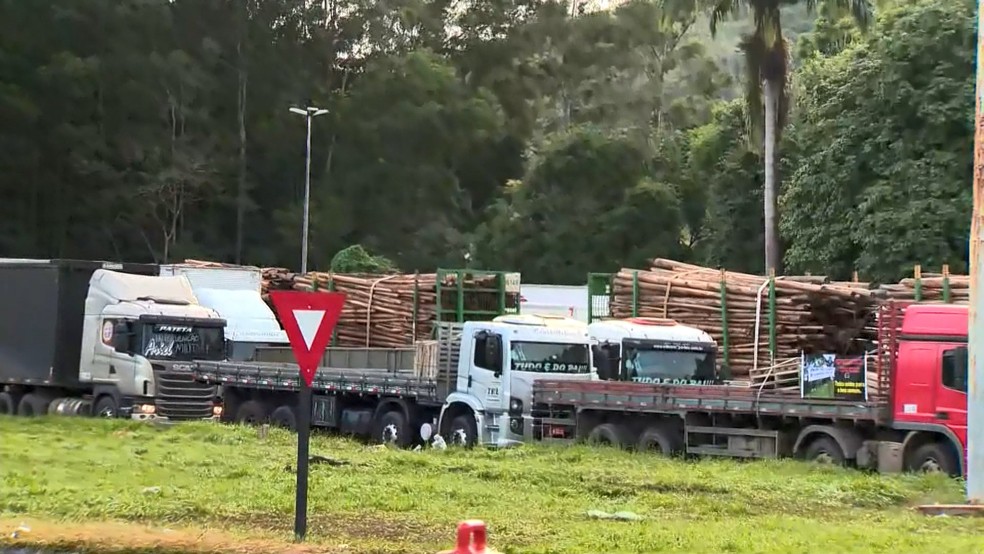 Caminhões continuam parados em trevo da BR-262 e BR-101, no Espírito Santo (Foto: Vinícius Gonçalves/ TV Gazeta)