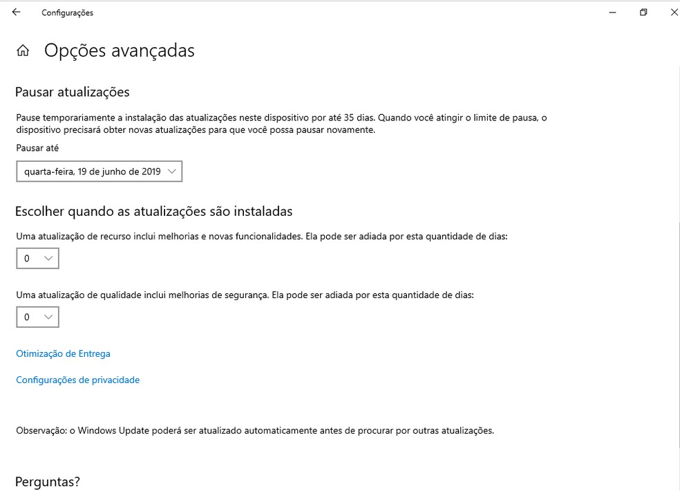 É possível configurar uma pausa nas atualizações do Windows — Foto: Reprodução/G1