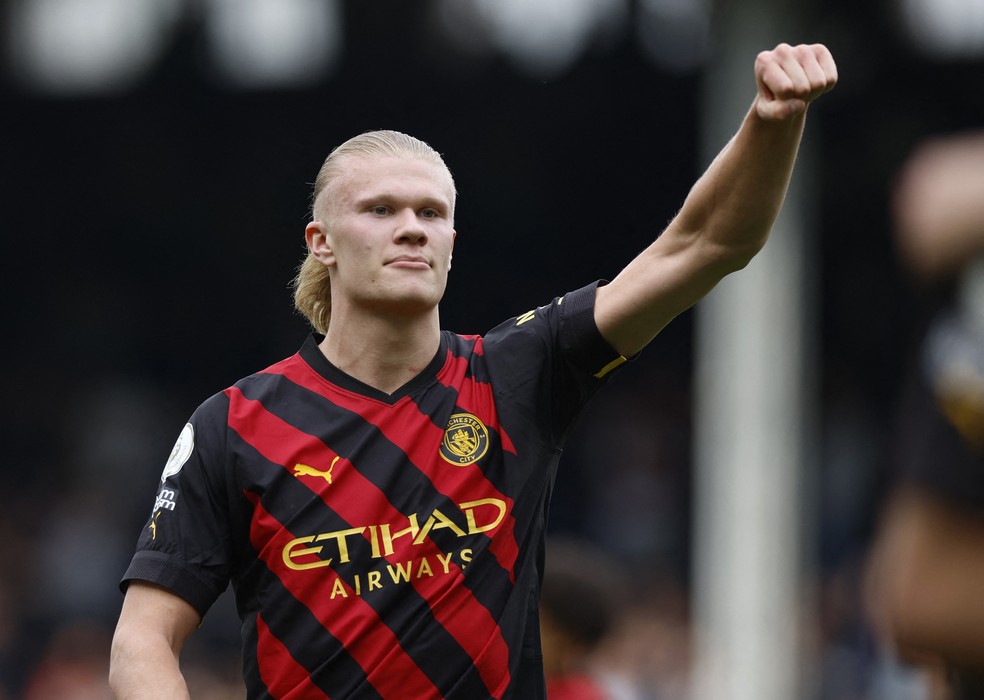 Haaland quebra recorde em Fulham x City — Foto: Reuters/Peter Cziborra