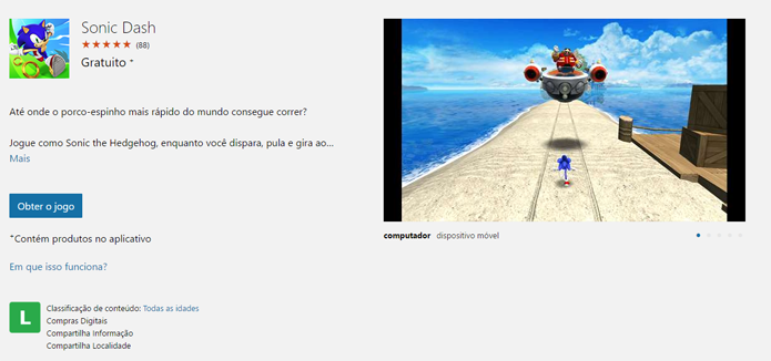 Página de Sonic Dash na Windows Store (Foto: Reprodução/André Mello) 