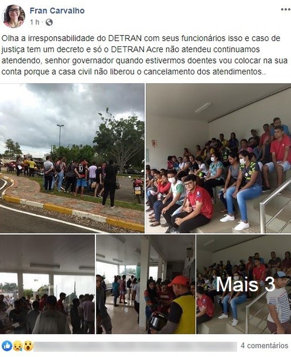 Presidente do Sindetran reclamou de aglomeração de pessoas no pátio do Detran — Foto: Reprodução/Facebook
