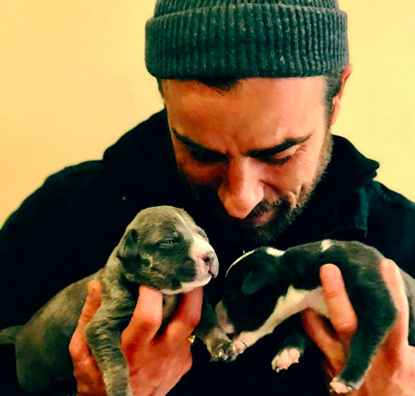 O ator Justin Theroux com dois filhotinhos em suas mãos (Foto: Instagram)